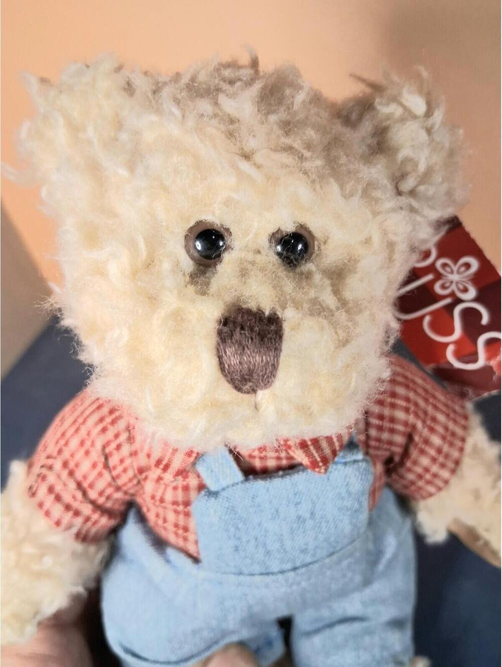 VTG W/Tag Russ Heartland Plush Teddy Bear Wearing Red and White Checked Overalls
